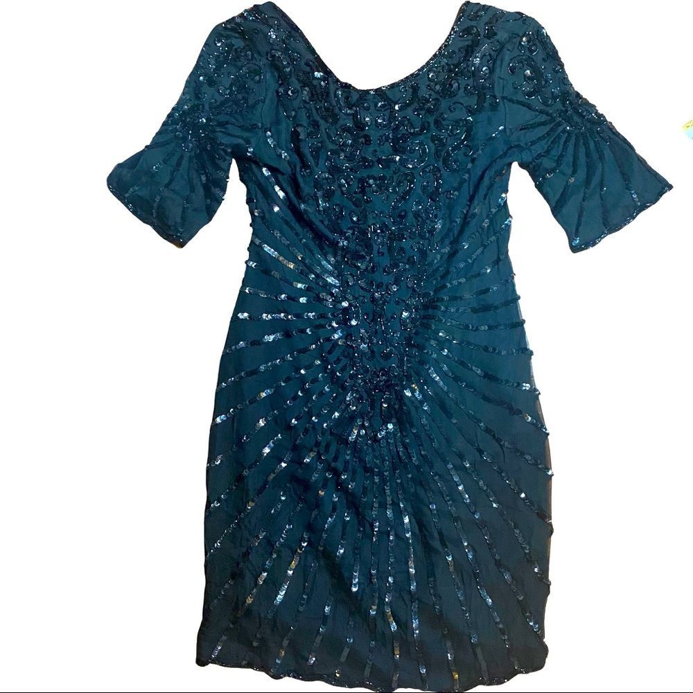 Vintage Sequined Silk little black Dress Med